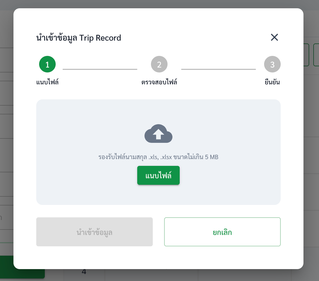 หน้าต่าง Import Excel ตอนยังไม่เลือกไฟล์