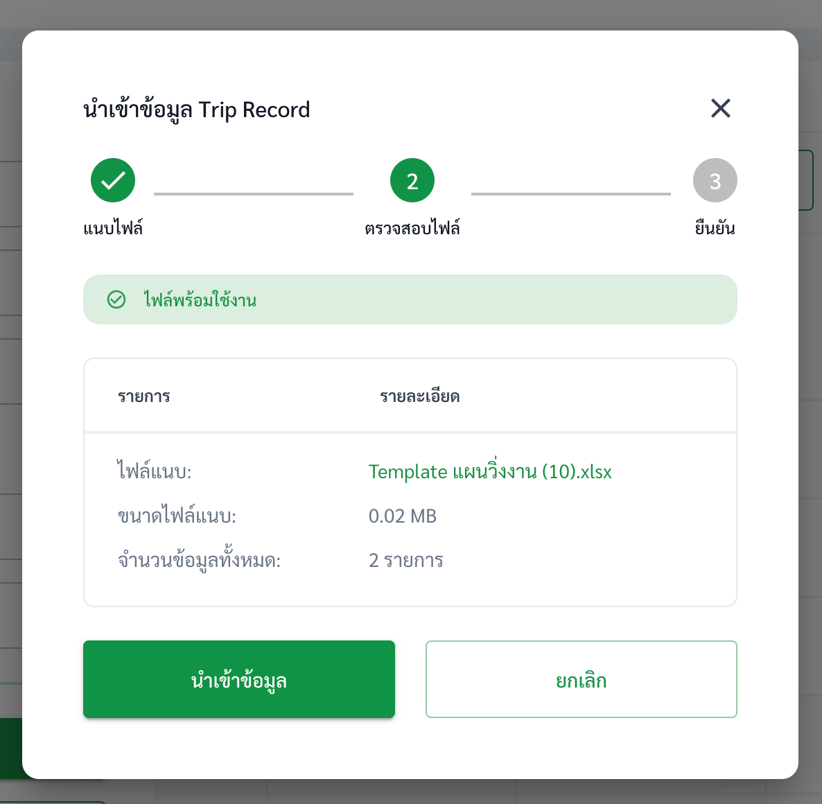 หน้าต่าง Import Excel ตอนตรวจไฟล์