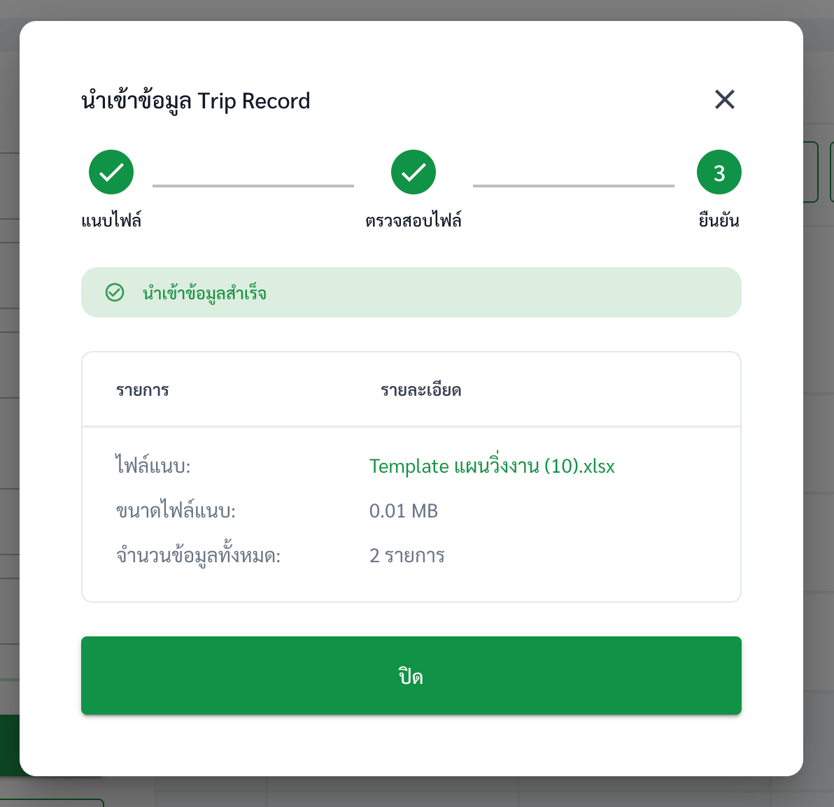 หน้าต่าง Import Excel ตอนนำเข้าสำเร็จ